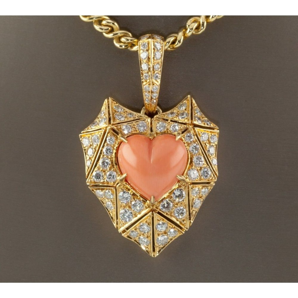 Bulgari Bvlgari High Jewelry 18k Yellow Gold Diamond and Coral Heart Pendant